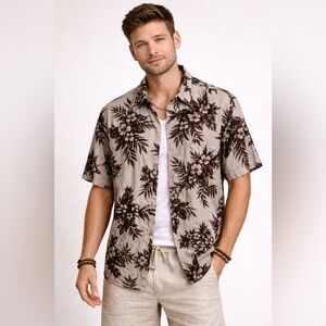 Vintage M.E. Sport Rayon Hawaiian Aloha Shirt‎ Brown Tropical Floral Print XL